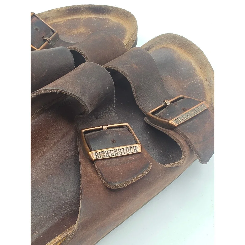 Birkenstock Arizona Dark Brown Oiled Leather Two Strap Buckle Sandals Slide